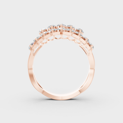 A Sustainable Lab-Created Diamond Statement Ring catching the light on a warm 18K Rose Gold Band.