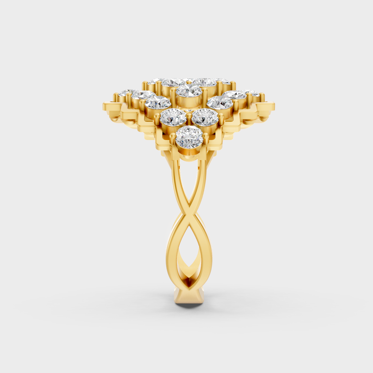 On-model hand wearing a 1.47ct Round Lab-Grown Diamond Cocktail Ring showing its Brilliant Sparkle in 9K Yellow Gold.