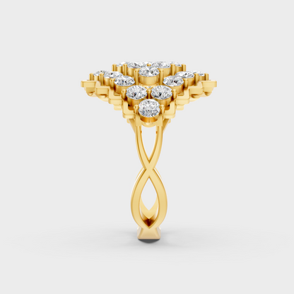On-model hand wearing a 1.47ct Round Lab-Grown Diamond Cocktail Ring showing its Brilliant Sparkle in 9K Yellow Gold.