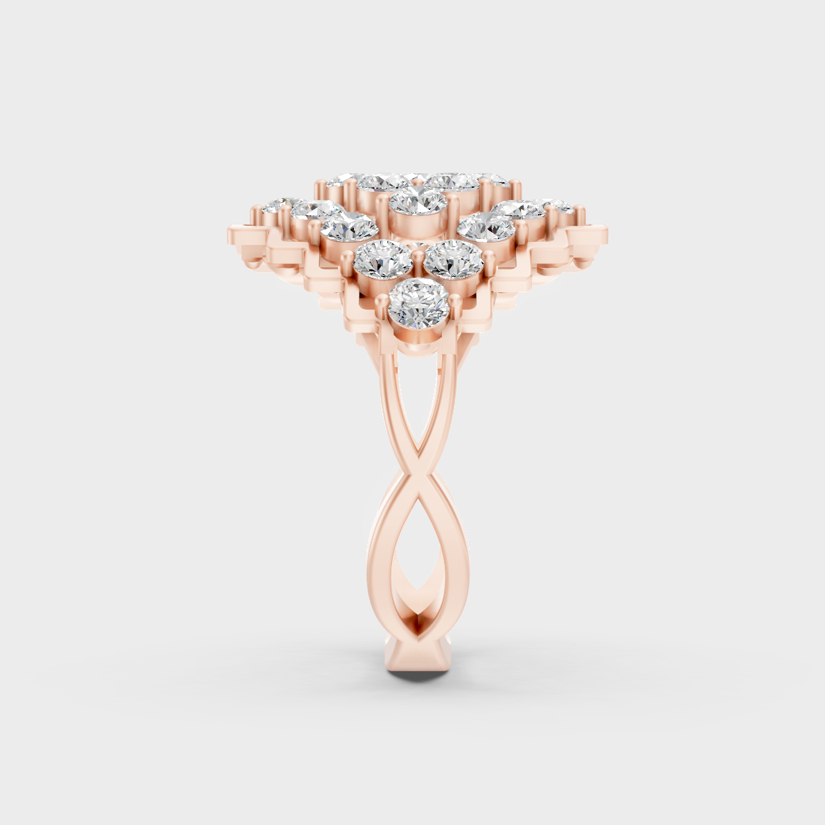 Top-down studio shot displaying the immense Brilliant Sparkle of a 1.47ct Round Diamond Ring in 9K Rose Gold.