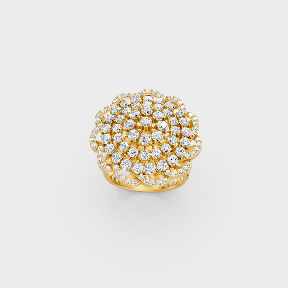 Side profile of an Ethical Luxury Statement Ring showcasing a Round Brilliant Lab Diamond on an 18K Yellow Gold Band.