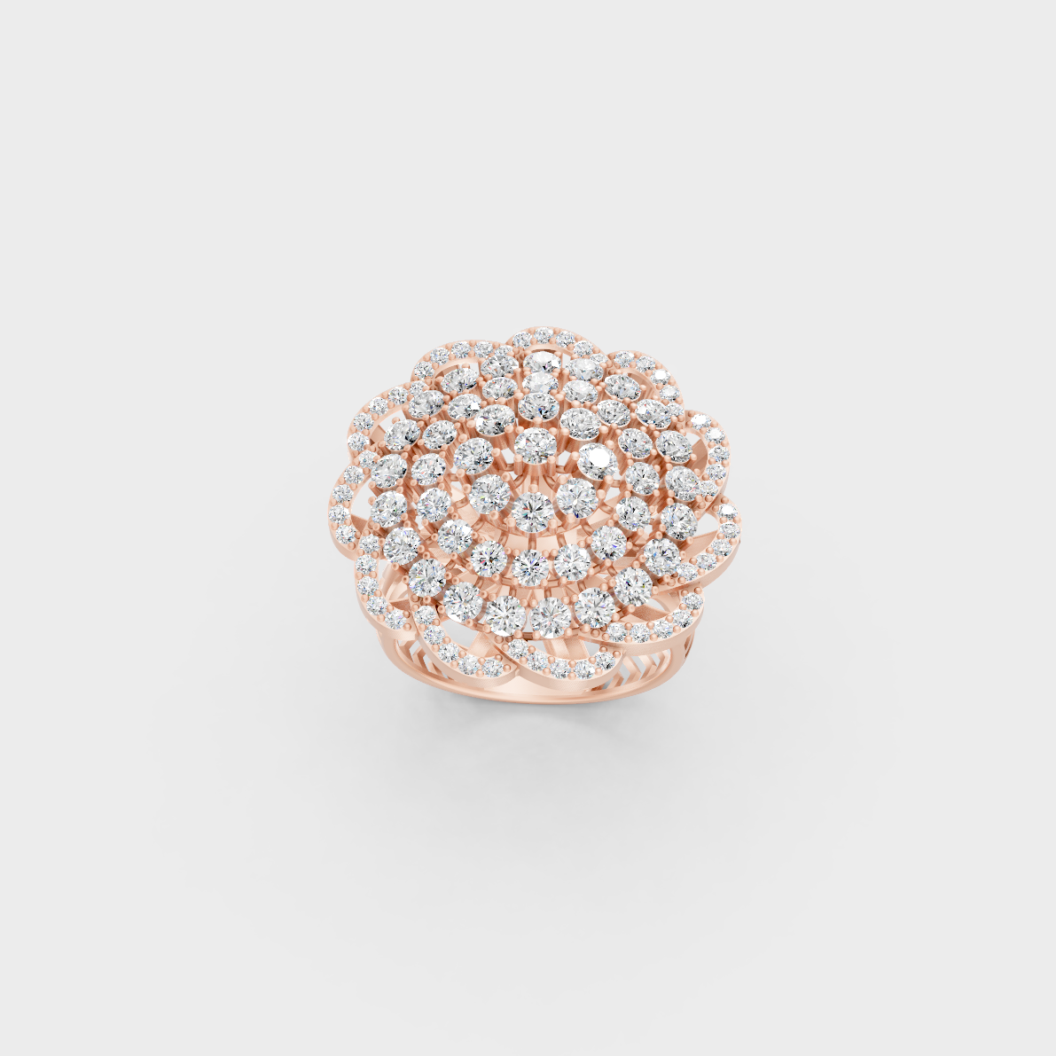 Stunning Round Brilliant Lab Diamond Cocktail Ring exhibiting Ethical Luxury on a 18K Rose Gold Band.