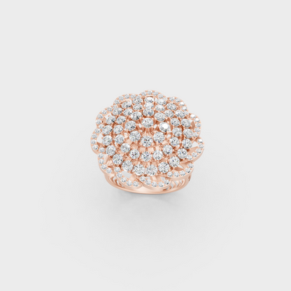 Stunning Round Brilliant Lab Diamond Cocktail Ring exhibiting Ethical Luxury on a 18K Rose Gold Band.