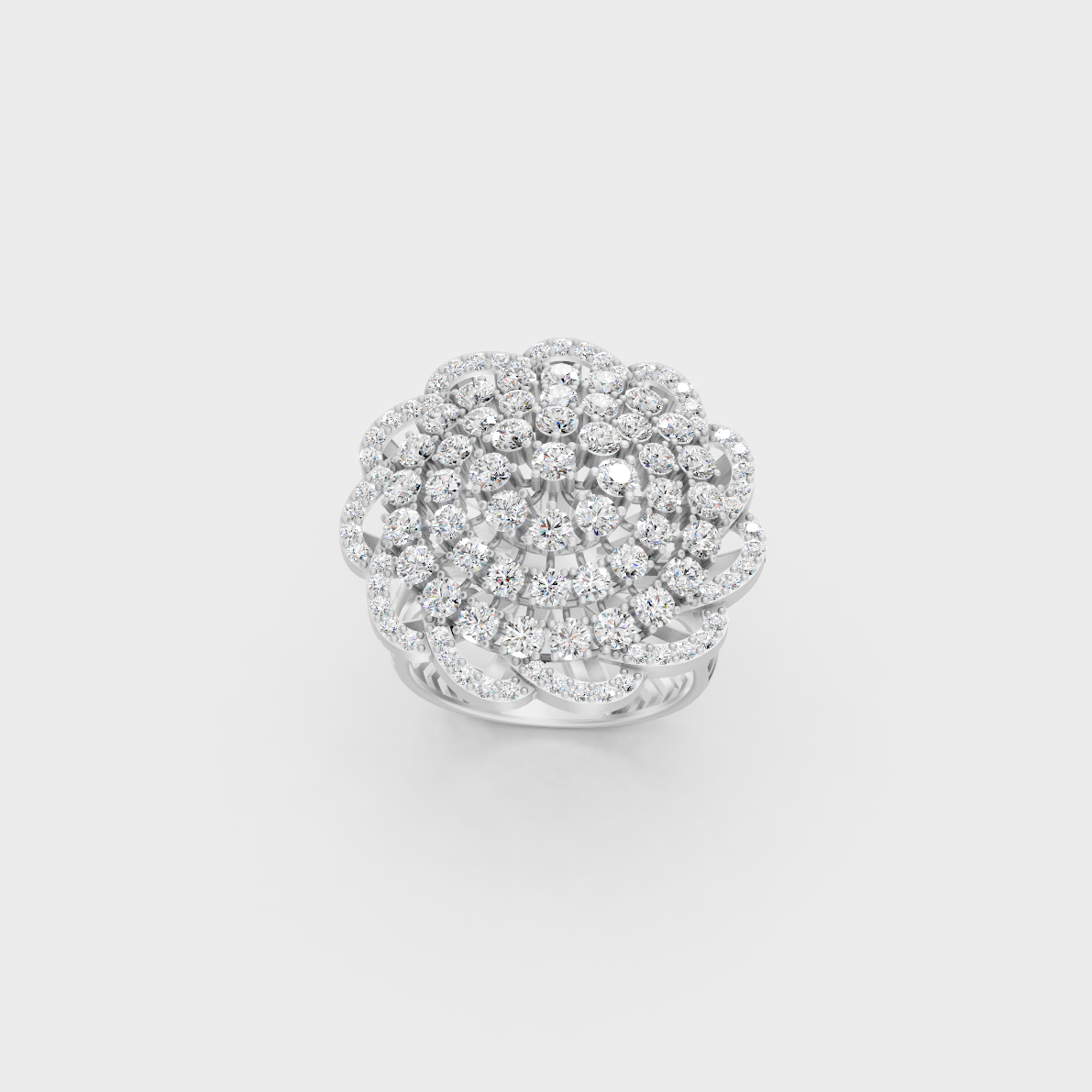 Front view of an Ethical Luxury Statement Ring with a Round Brilliant Diamond secured in 14K White Gold.