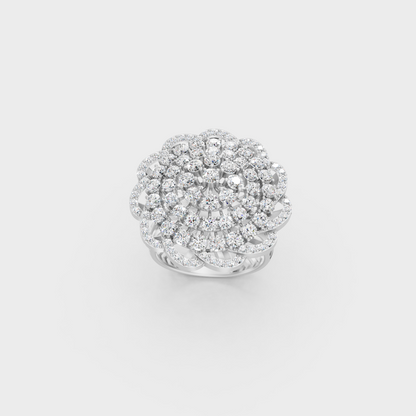 Front view of an Ethical Luxury Statement Ring with a Round Brilliant Diamond secured in 14K White Gold.