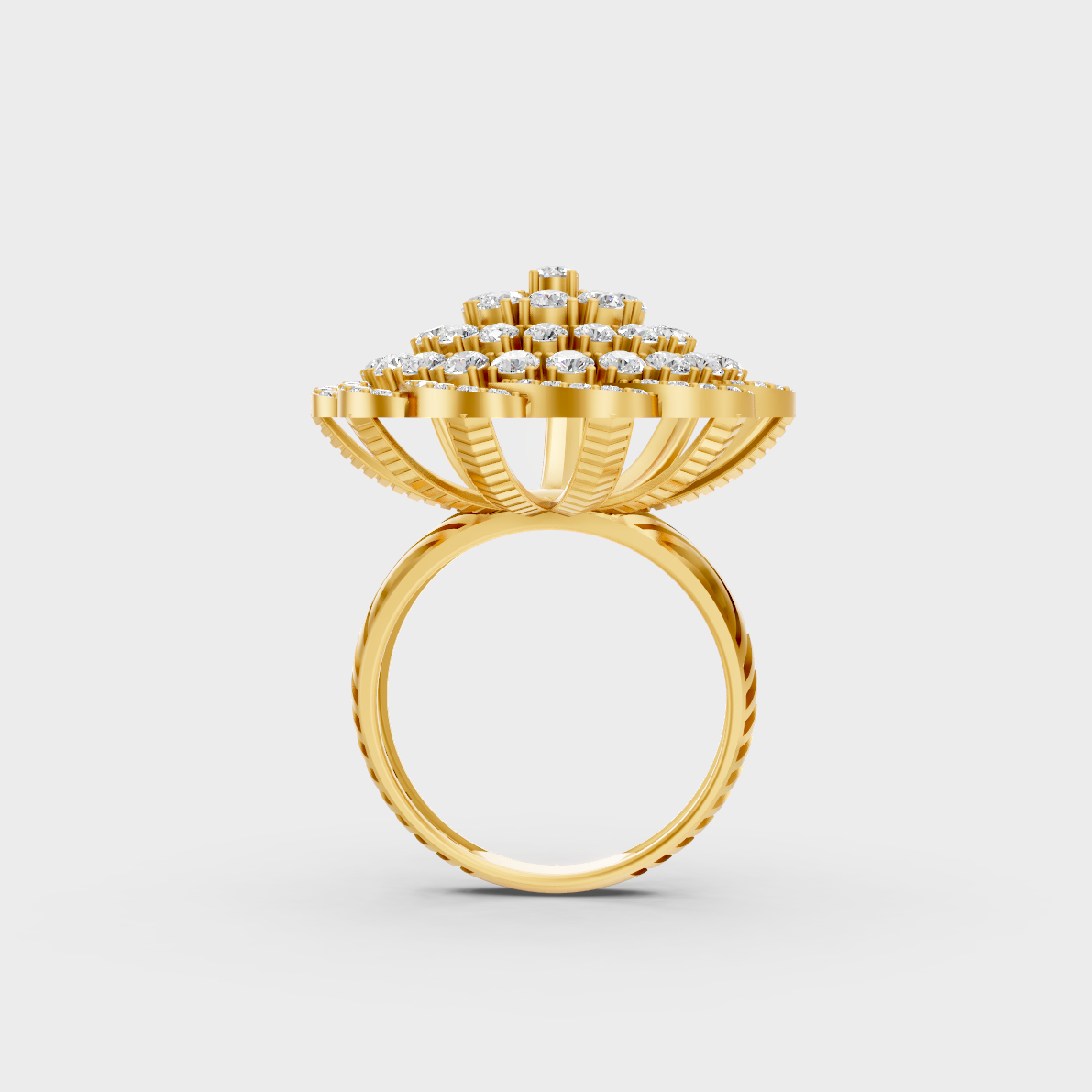 On-model hand wearing a 1.97ct Round Lab-Grown Diamond Cocktail Ring showing its Brilliant Sparkle in 9K Yellow Gold.
