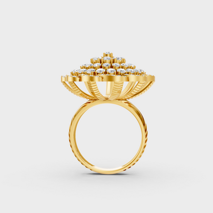 On-model hand wearing a 1.97ct Round Lab-Grown Diamond Cocktail Ring showing its Brilliant Sparkle in 9K Yellow Gold.