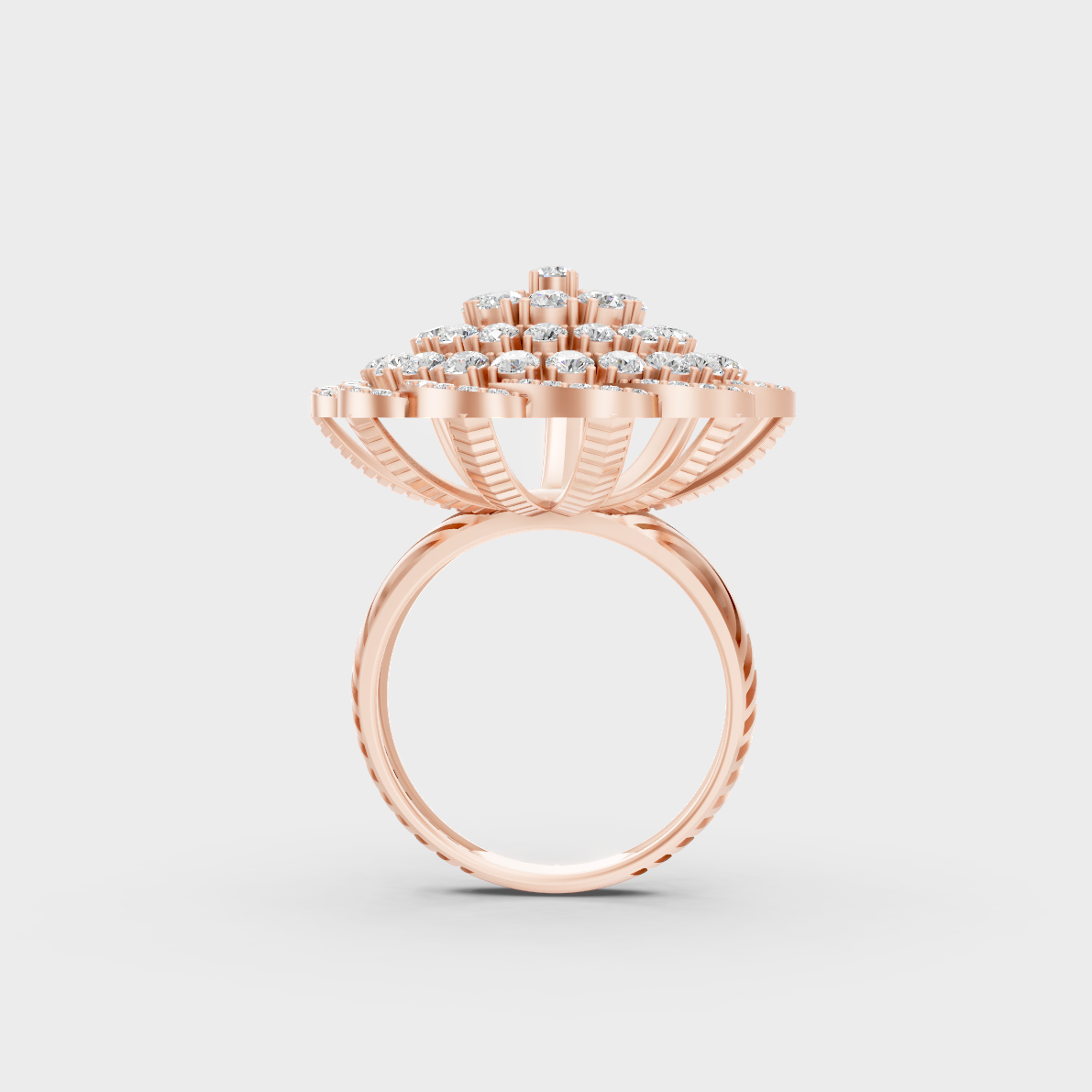 Top-down studio shot displaying the immense Brilliant Sparkle of a 1.97ct Round Diamond Ring in 9K Rose Gold.
