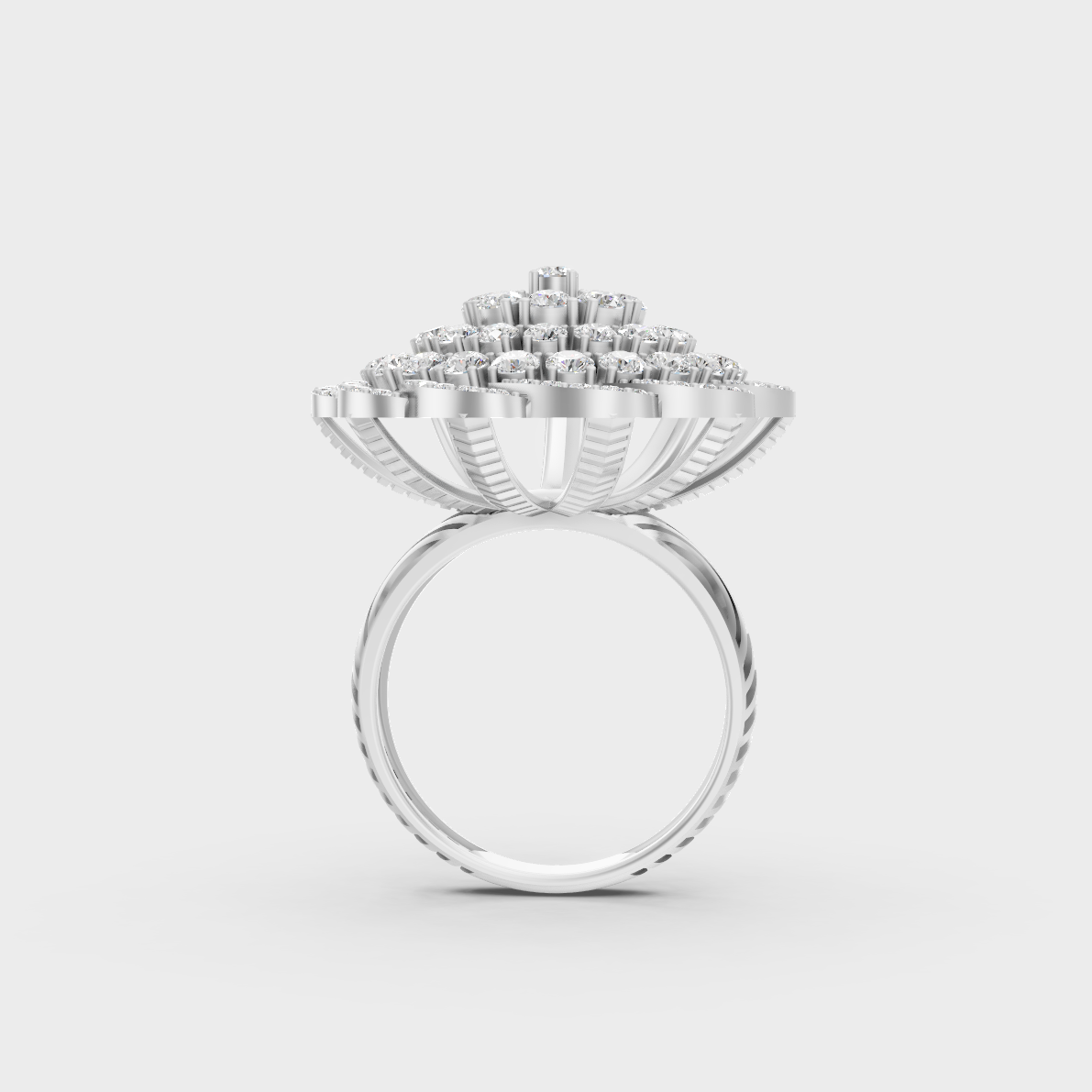 On-finger motion showing off the extraordinary fire and Brilliant Sparkle of a 1.97ct White Gold Cocktail Ring.