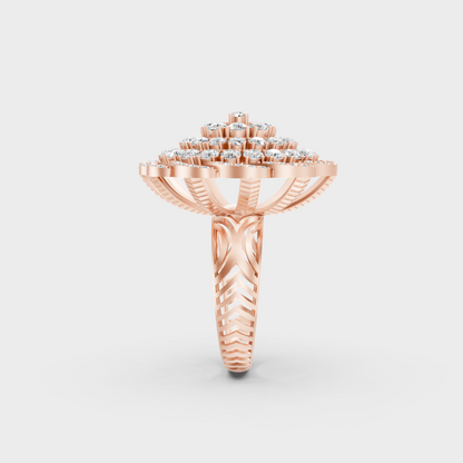 A Sustainable Lab-Created Diamond Statement Ring catching the light on a warm 18K Rose Gold Band.
