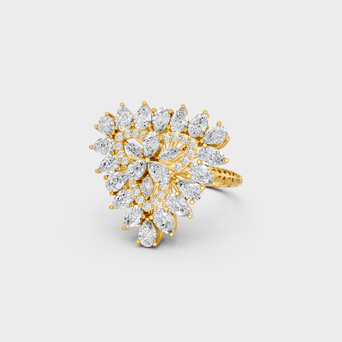 Close-up view of a 2.09 Carat Multishape Lab-Grown Diamond Cocktail Ring in polished 14K Yellow Gold.