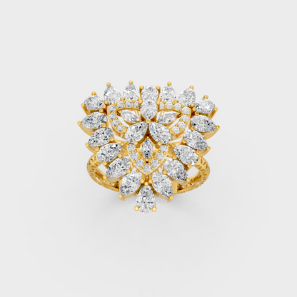 Side profile view of a Pear Marquise Round Cut Statement Ring resting on an 18K Yellow Gold Band.