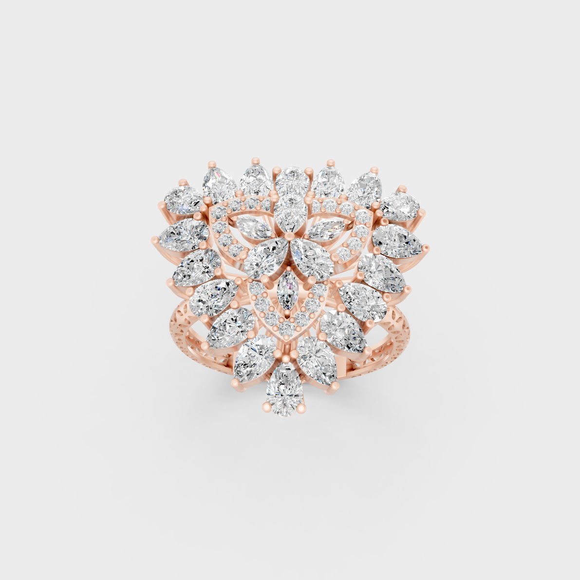 Stunning arrangement of Pear, Marquise, and Round Cut Diamonds exuding Ethical Luxury on an 18K Rose Gold Band.