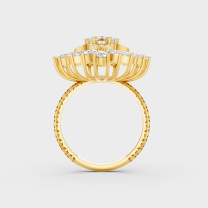 On-model hand wearing a 2.09ct Multishape Lab Diamond Cocktail Ring to show its Brilliant Sparkle in 9K Yellow Gold.