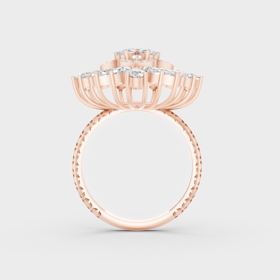 Top-down studio shot displaying the immense Brilliant Sparkle of a 2.09ct Multishape Diamond Ring in 9K Rose Gold.