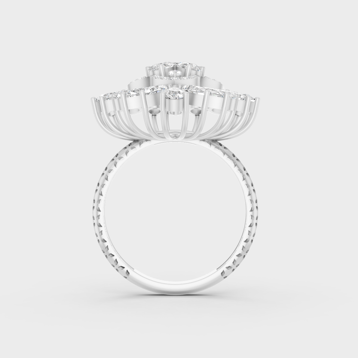 Exquisite prong details securing the Pear Marquise Round Cut Lab Diamonds on a polished 950 Platinum Band.