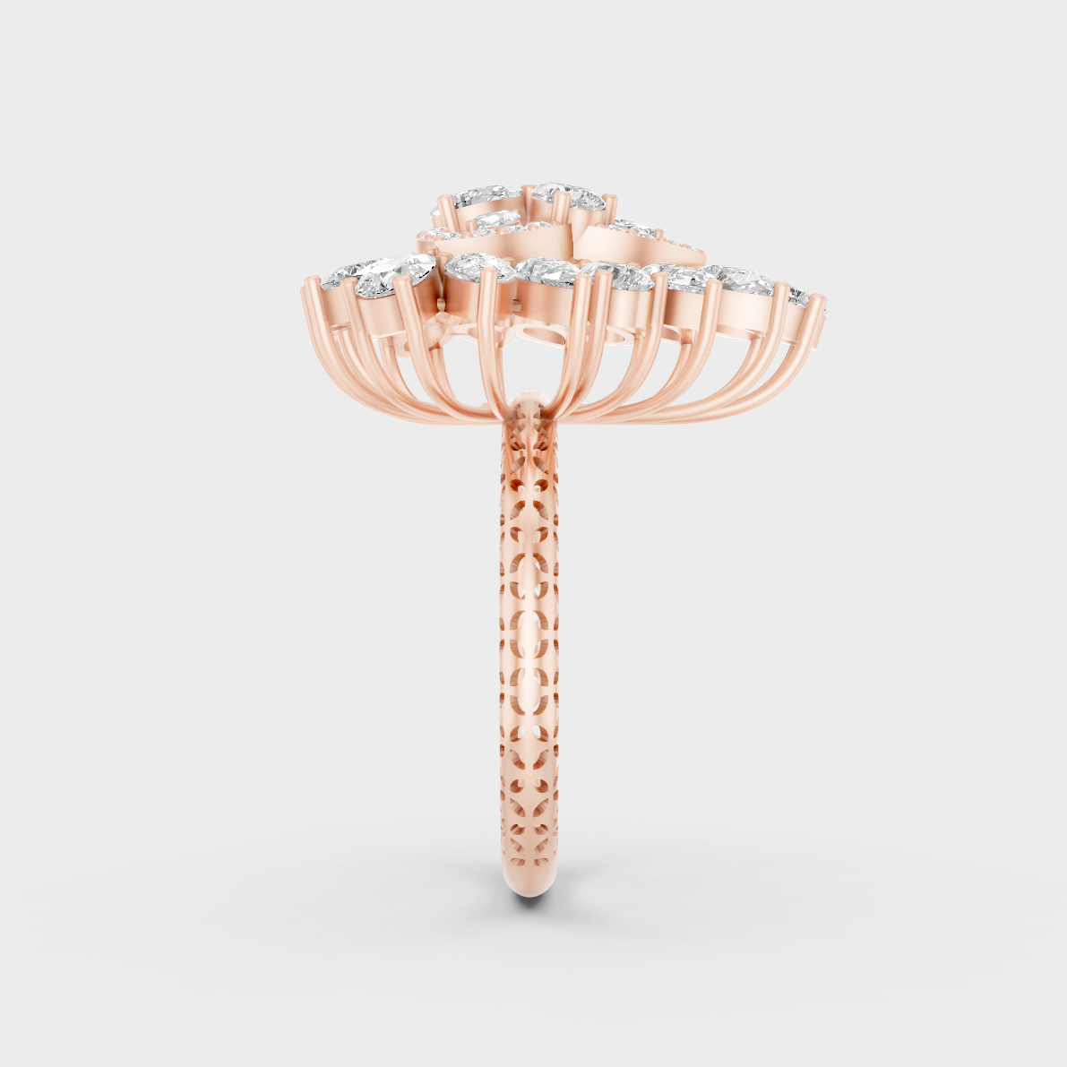 A Sustainable Lab-Created Diamond Statement Ring catching the light on a warm 18K Rose Gold Setting.