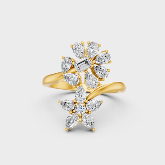 Close-up view of a 1.27 Carat Multishape Lab-Grown Diamond Cocktail Ring in polished 14K Yellow Gold.