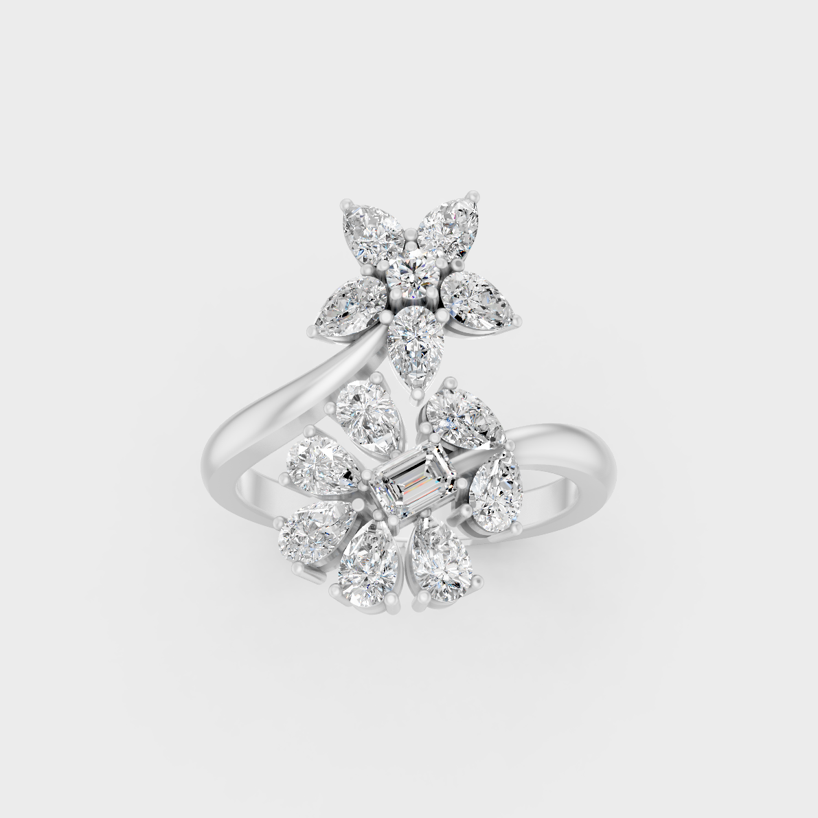Front view of an Ethical Luxury Statement Ring with Pear, Emerald, and Round Brilliant Diamonds secured in 14K White Gold.