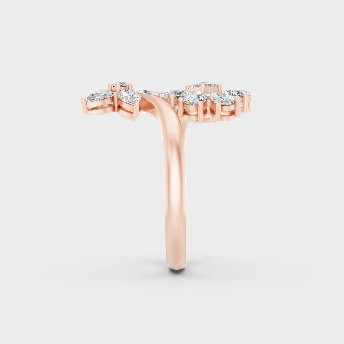 Top-down studio shot displaying the immense Brilliant Sparkle of a 1.27ct Multishape Diamond Ring in 9K Rose Gold.