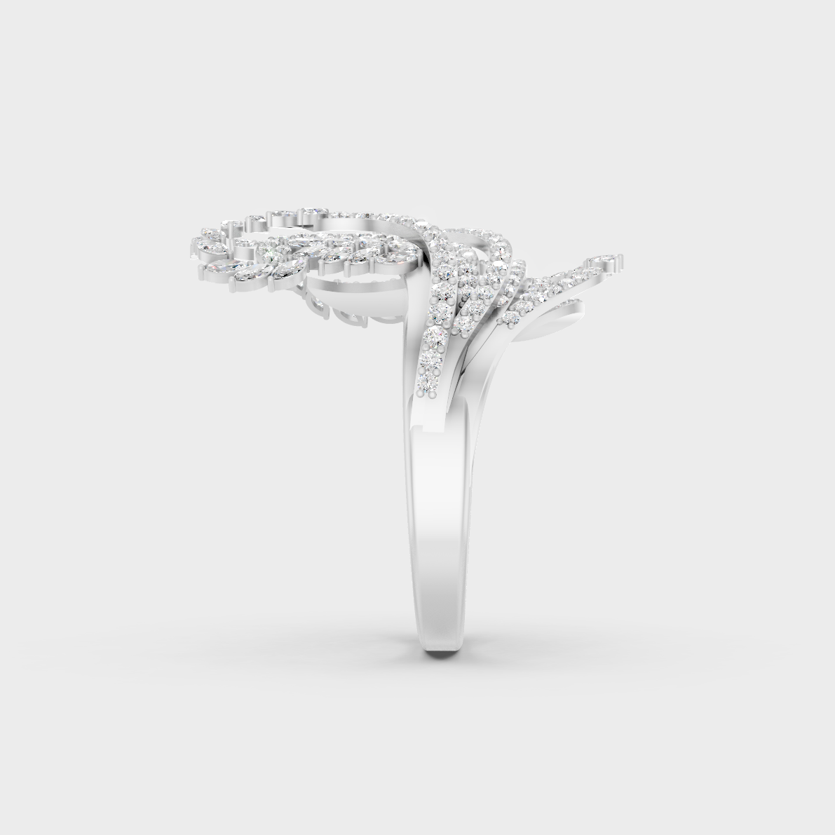 Exquisite prong details securing the Marquise and Round Cut Lab Diamonds on a polished 950 Platinum Band.