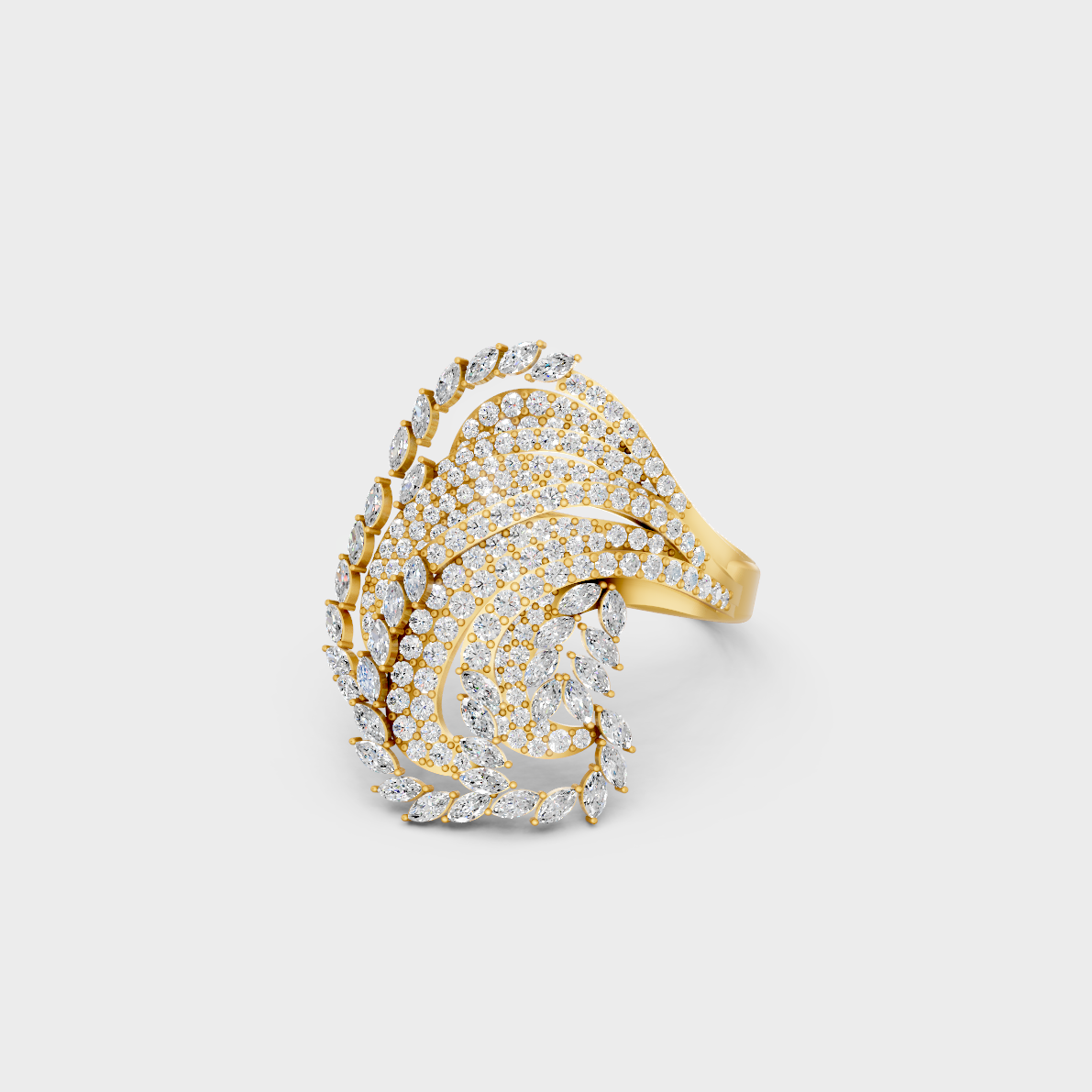 Close-up view of a 1.38 Carat Marquise and Round Cut Lab-Grown Diamond Cocktail Ring in 14K Yellow Gold.