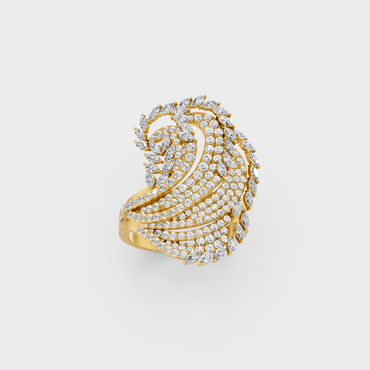 Side profile of an Ethical Luxury Statement Ring showcasing a Marquise and Round Brilliant Lab Diamond on an 18K Yellow Gold Band.