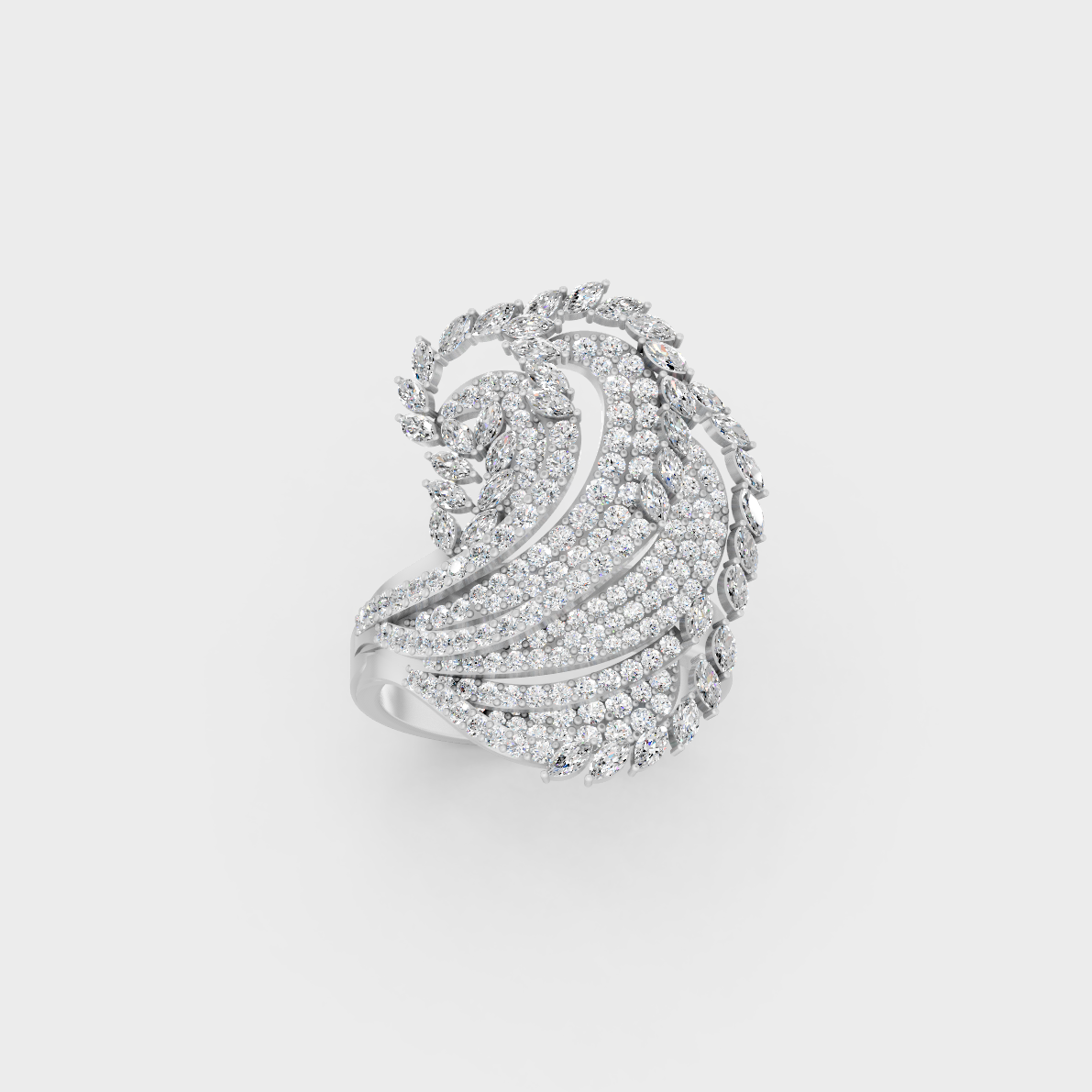 Front view of an Ethical Luxury Statement Ring with a Marquise and Round Brilliant Diamond secured in 14K White Gold.