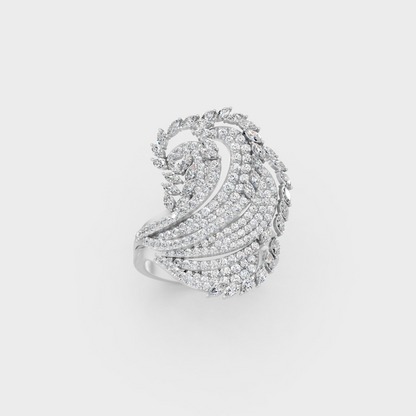 Front view of an Ethical Luxury Statement Ring with a Marquise and Round Brilliant Diamond secured in 14K White Gold.