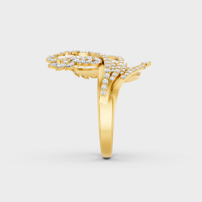 Top-down macro photo of a Sustainable 1.38 Carat Multi-Shape Diamond Ring set in classic 18K Yellow Gold.