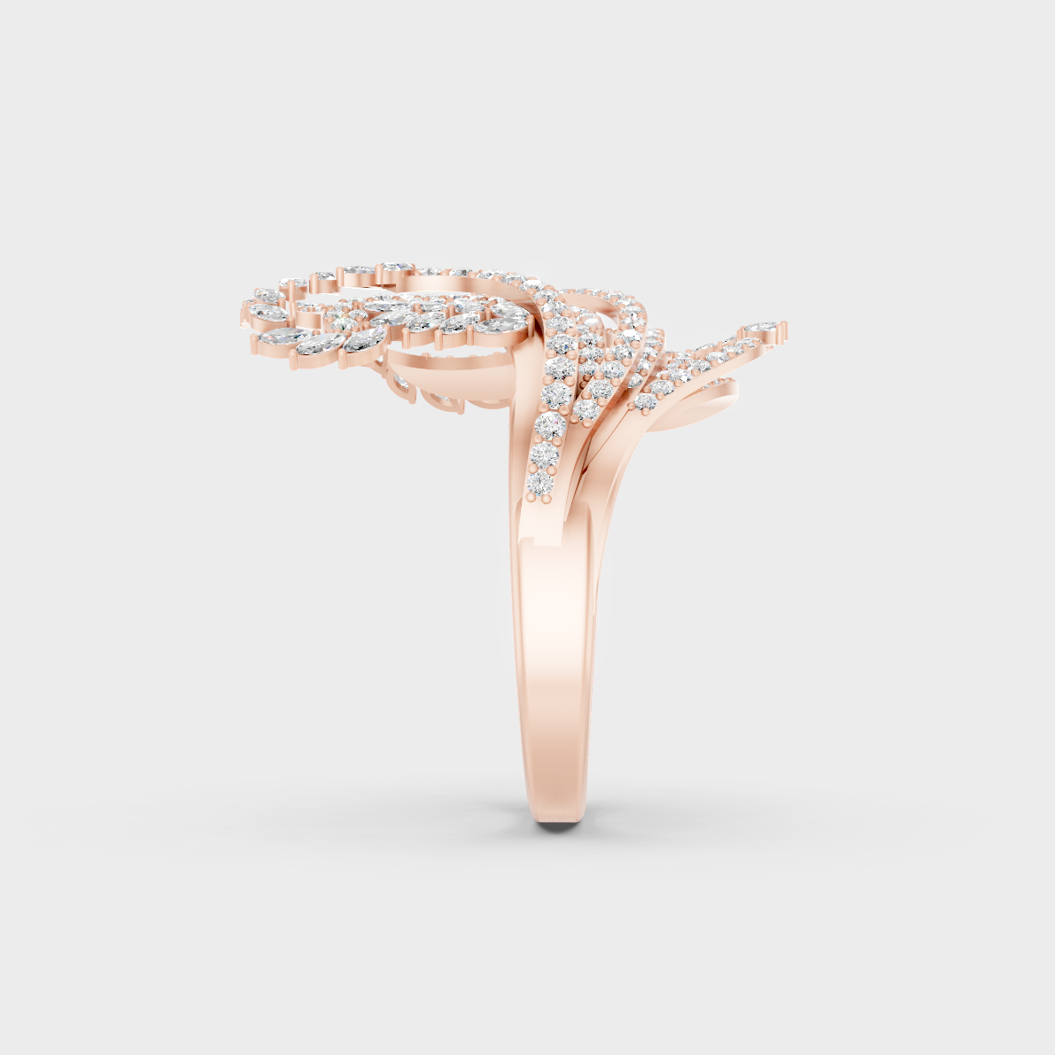 A Sustainable Lab-Created Diamond Statement Ring catching the light on a warm 18K Rose Gold Band.