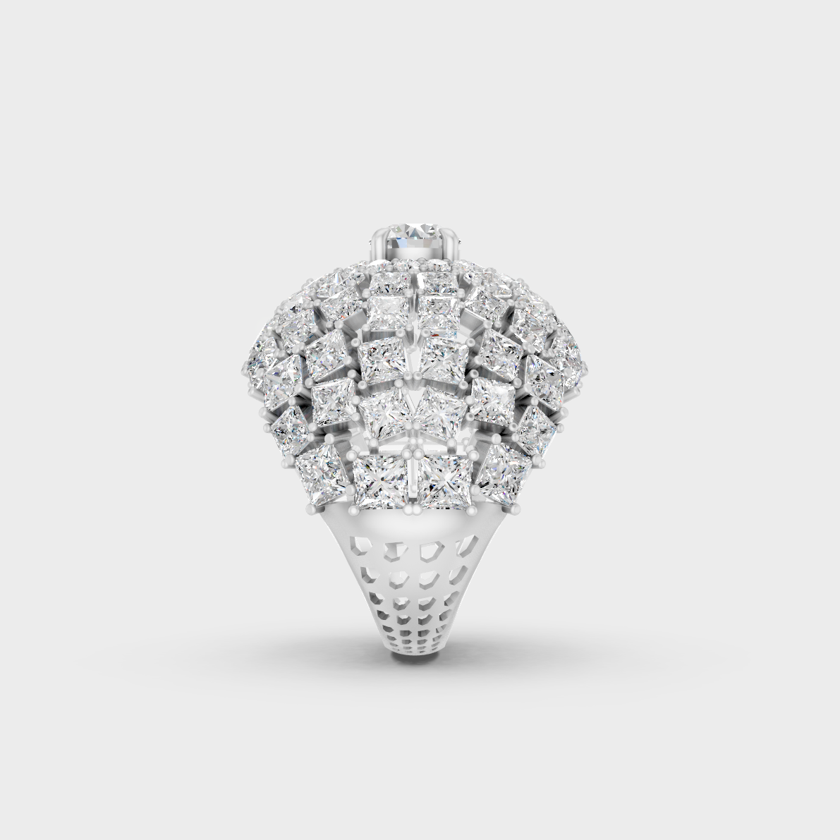 Exquisite prong details securing the massive Princess and Round Cut Lab Diamonds on a polished 950 Platinum Band.