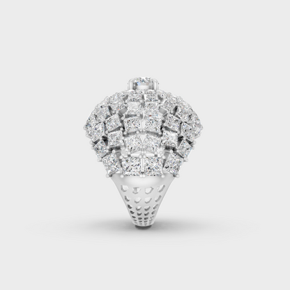Exquisite prong details securing the massive Princess and Round Cut Lab Diamonds on a polished 950 Platinum Band.
