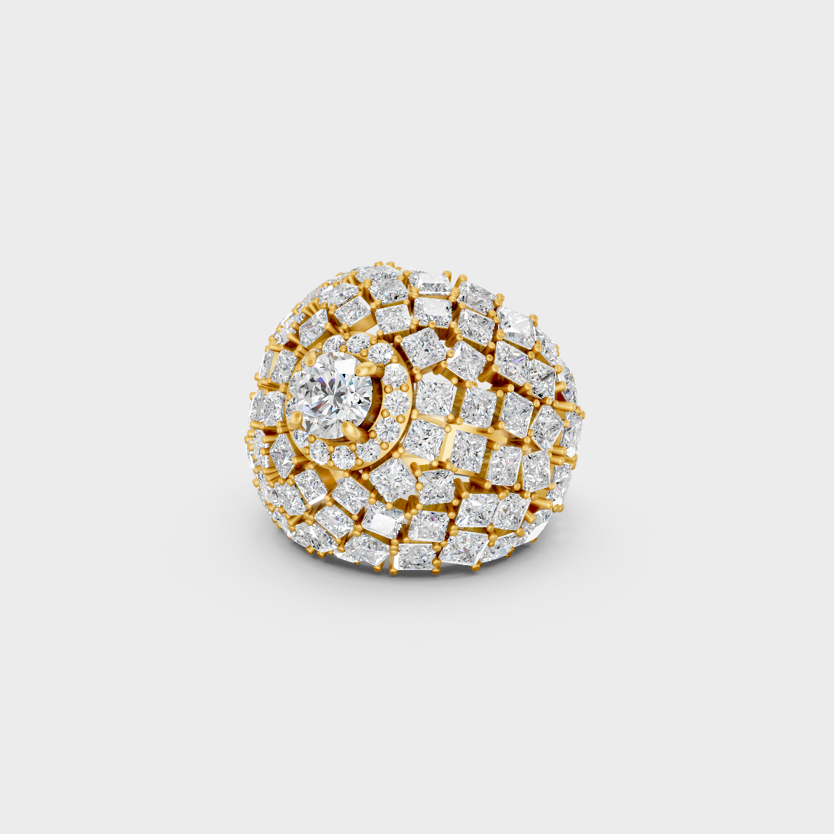 Close-up view of a 10.75 Carat Princess and Round Cut Lab-Grown Diamond Cocktail Ring in 14K Yellow Gold.