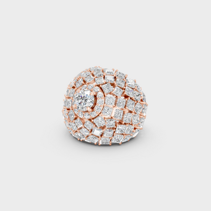 A romantic profile of the 10.75 Carat Princess and Round Cut Lab-Grown Diamond Cocktail Ring in blush 14K Rose Gold.