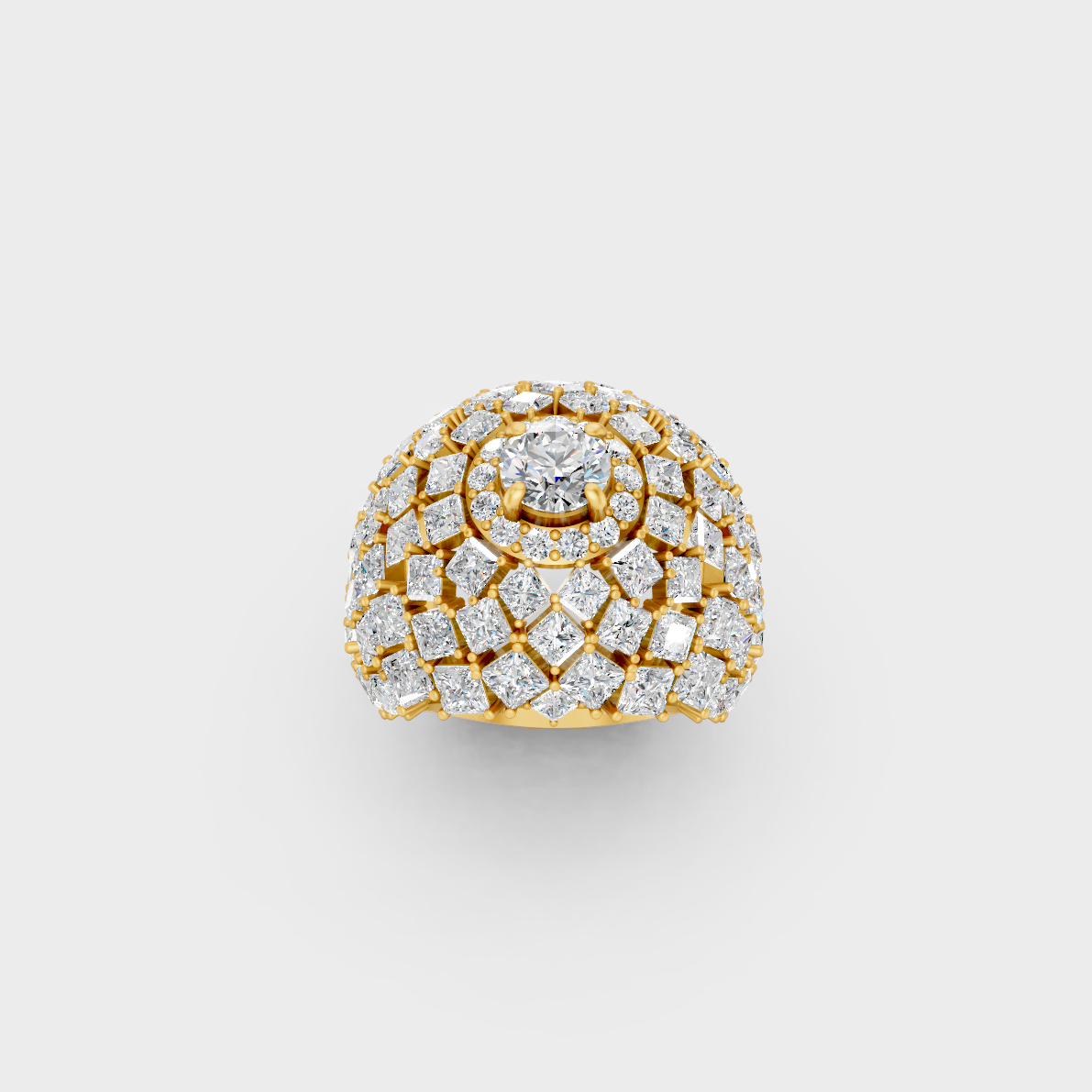 Side profile of an Ethical Luxury Statement Ring showcasing massive Princess and Round Brilliant Lab Diamonds on an 18K Yellow Gold Band.