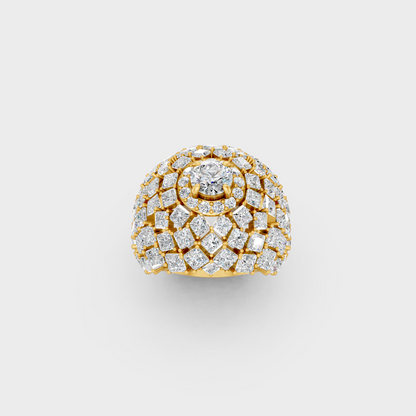 Side profile of an Ethical Luxury Statement Ring showcasing massive Princess and Round Brilliant Lab Diamonds on an 18K Yellow Gold Band.
