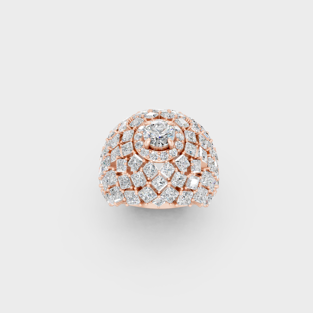 Elegant Multi-Shape Lab Diamond Cocktail Ring exhibiting Ethical Luxury on a 18K Rose Gold Band.