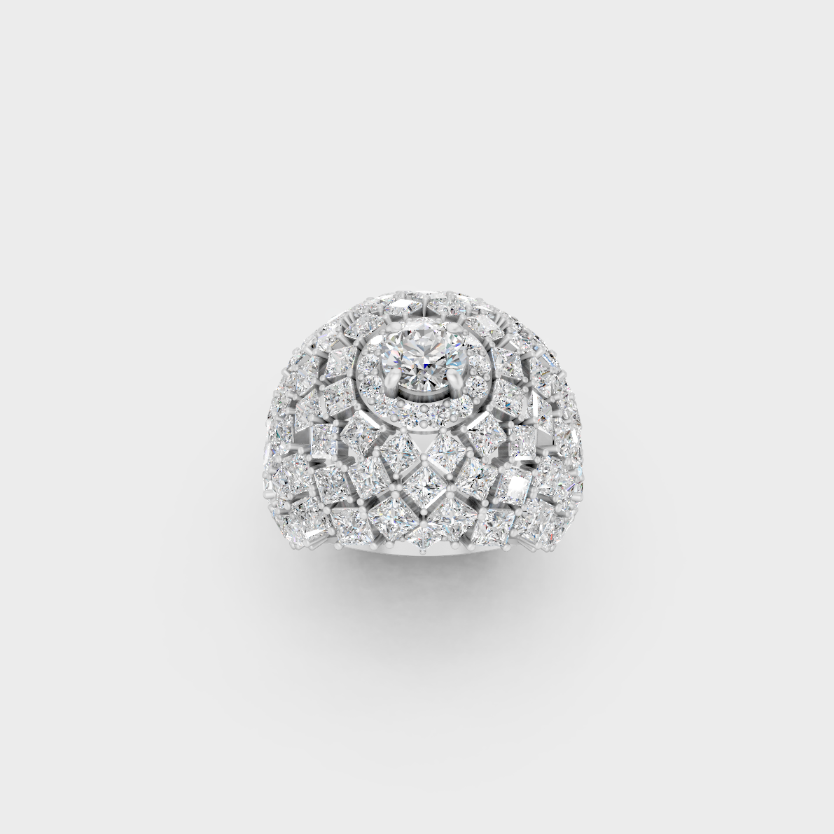 Front view of an Ethical Luxury Statement Ring with Princess and Round Brilliant Diamonds secured in 14K White Gold.