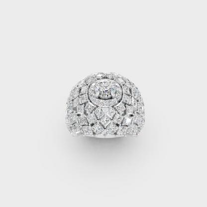 Front view of an Ethical Luxury Statement Ring with Princess and Round Brilliant Diamonds secured in 14K White Gold.