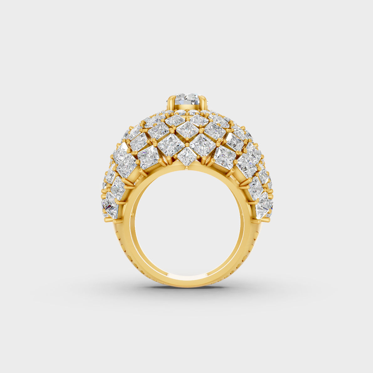On-model hand wearing a 10.75ct Princess and Round Diamond Cocktail Ring showing off its Brilliant Sparkle in 9K Yellow Gold.