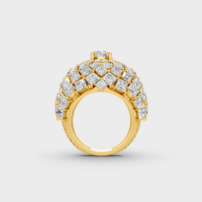 On-model hand wearing a 10.75ct Princess and Round Diamond Cocktail Ring showing off its Brilliant Sparkle in 9K Yellow Gold.