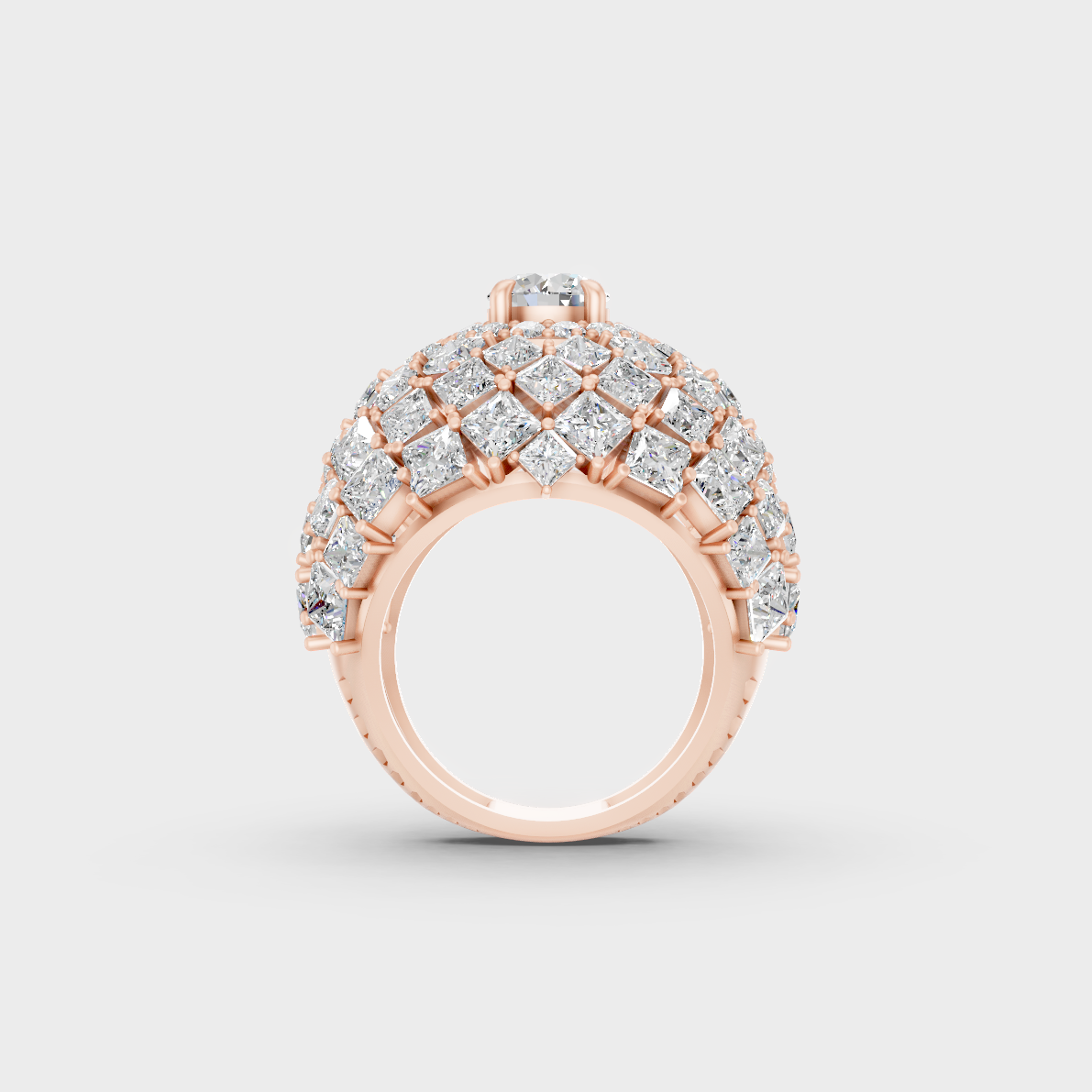 Top-down studio shot displaying the immense Brilliant Sparkle of a 10.75ct Princess and Round Diamond Ring in 9K Rose Gold.