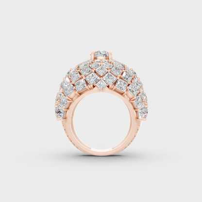 Top-down studio shot displaying the immense Brilliant Sparkle of a 10.75ct Princess and Round Diamond Ring in 9K Rose Gold.