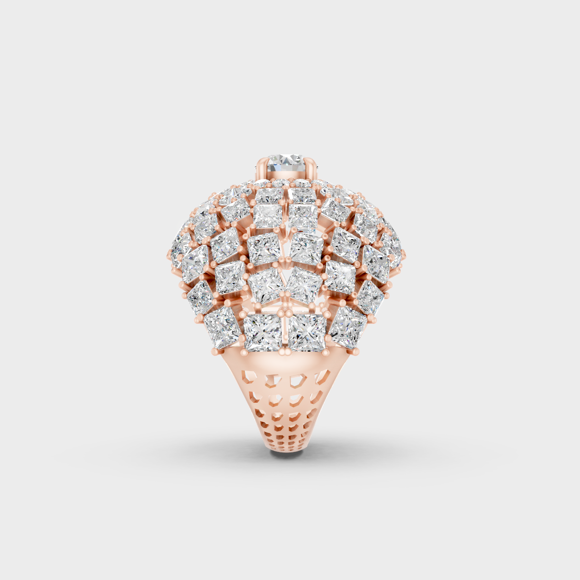 A Sustainable Lab-Created Diamond Statement Ring catching the light on a warm 18K Rose Gold Band.