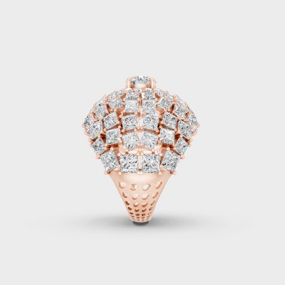 A Sustainable Lab-Created Diamond Statement Ring catching the light on a warm 18K Rose Gold Band.