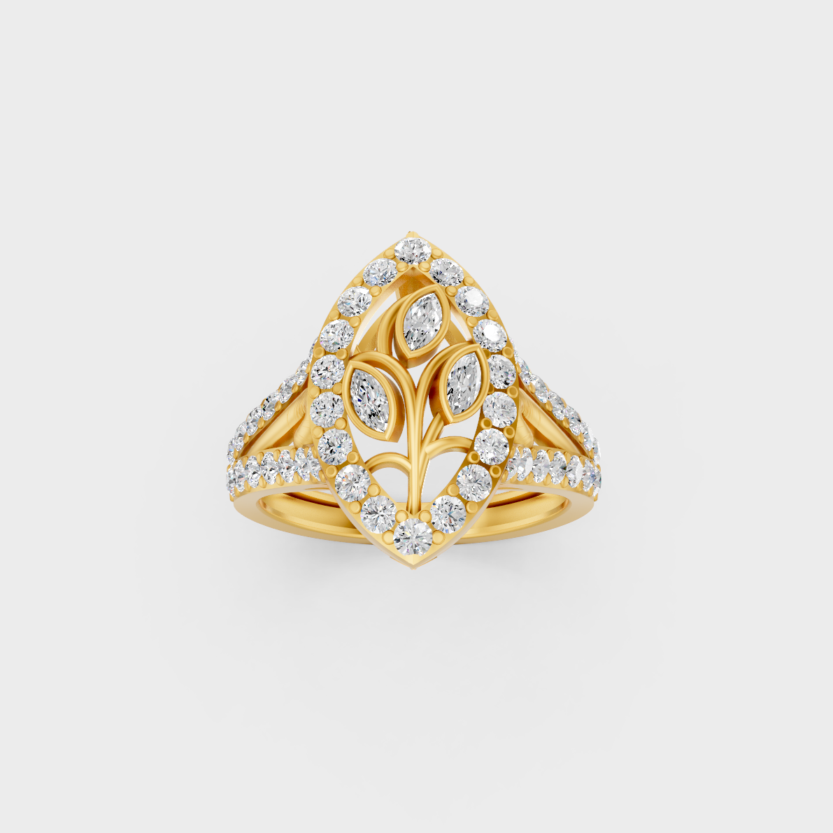 Side profile of an Ethical Luxury Statement Ring showcasing a Marquise and Round Brilliant Lab Diamond on an 18K Yellow Gold Band.