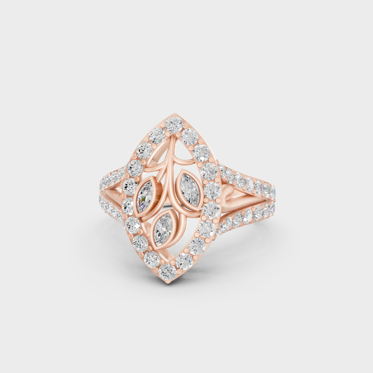 A romantic profile of the 0.94 Carat Marquise and Round Cut Lab-Grown Diamond Cocktail Ring in blush 14K Rose Gold.