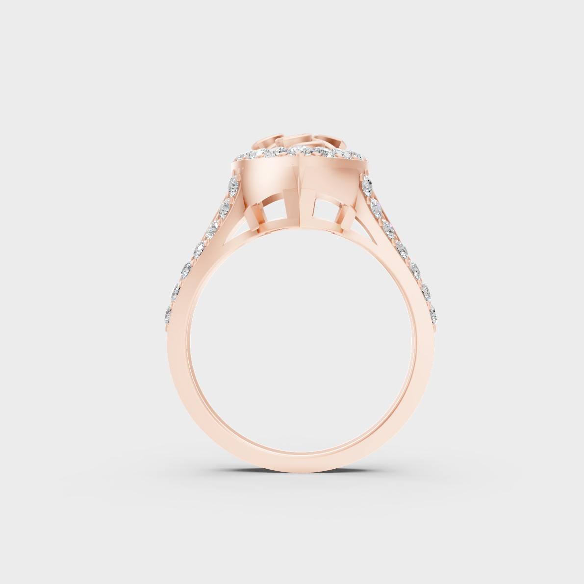Top-down studio shot displaying the immense Brilliant Sparkle of a 0.94ct Marquise and Round Diamond Ring in 9K Rose Gold.
