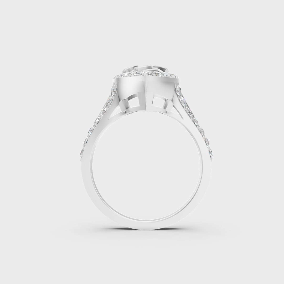 Front view of an Ethical Luxury Statement Ring with a Marquise and Round Brilliant Diamond secured in 14K White Gold.